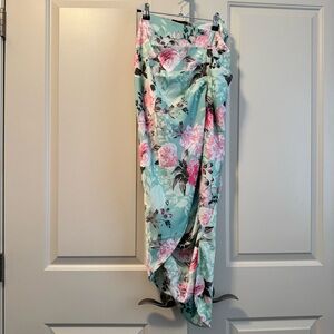 NWT JLUXLABEL Floral High Low Draped Mint Satin Ruched Side Slit Skirt Sz S